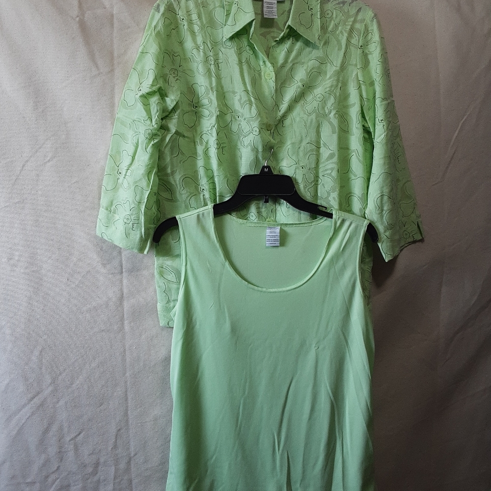 Sag Harbor 312 Top Blouse Women's Sz M 2 Pieces Pre-owne Good Lemon Green Floral